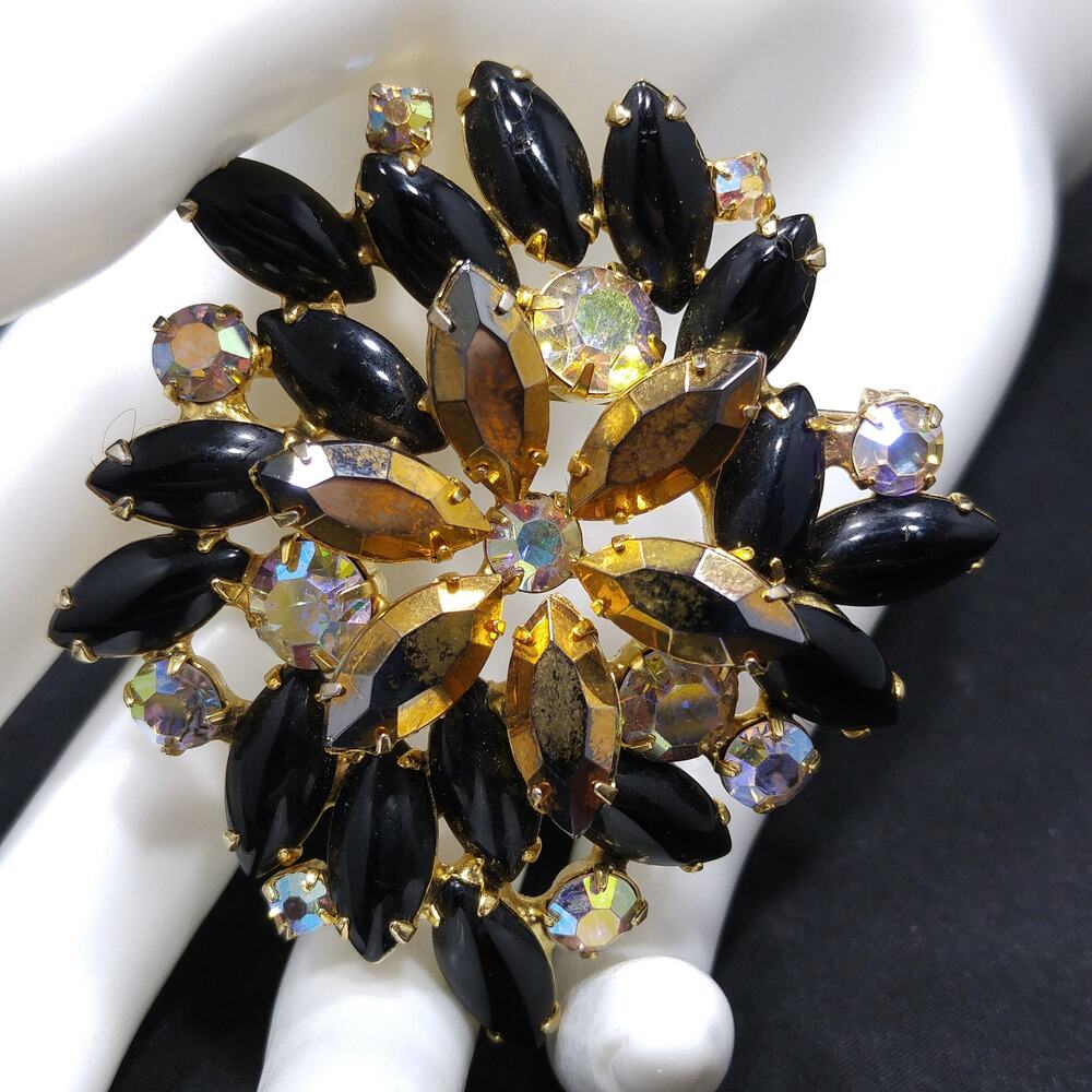 Gold Rhinestone Black Cabochon Floral Brooch Aurora Borealis Gold Plated Vintage